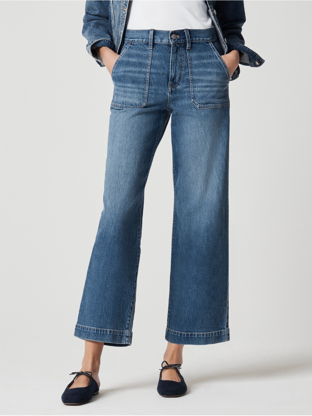 J Crew Wide-leg cropped utility jean in all-day stretch in Pewter Blue Wash